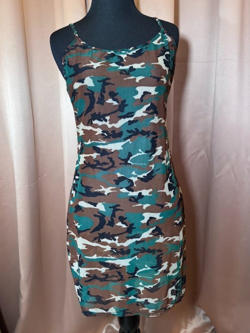 Sheer Camo Mesh Mini Dress Spaghetti Strap Side Slit Grunge Festival Clubwear